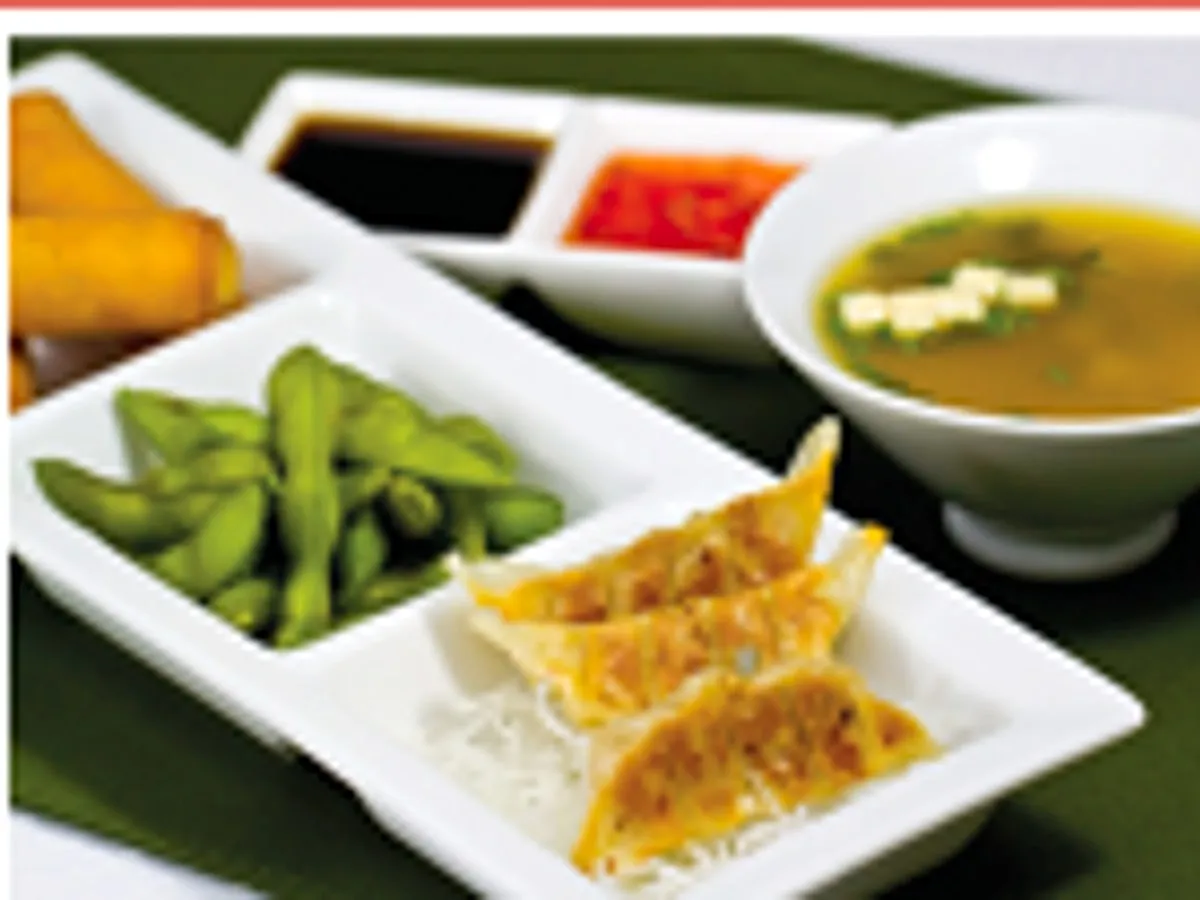 Dumplings, edamame and miso soup